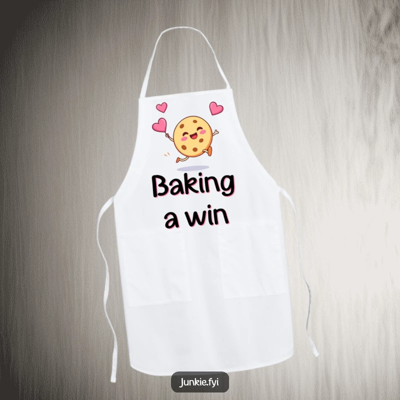 Funny apron with a silly cookie grinning as it kicks a flying candy heart, adding a sweet, humorous touch to cooking.
