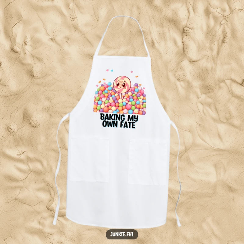 Funny apron featuring a surprised lollipop character seeing a massive amount of sweets. Ideal for humorous chefs.
