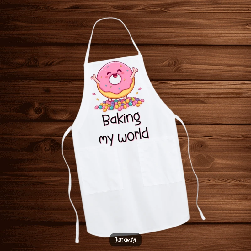 Funny donut character happily bouncing candies, perfect for a fun and functional kitchen apron.