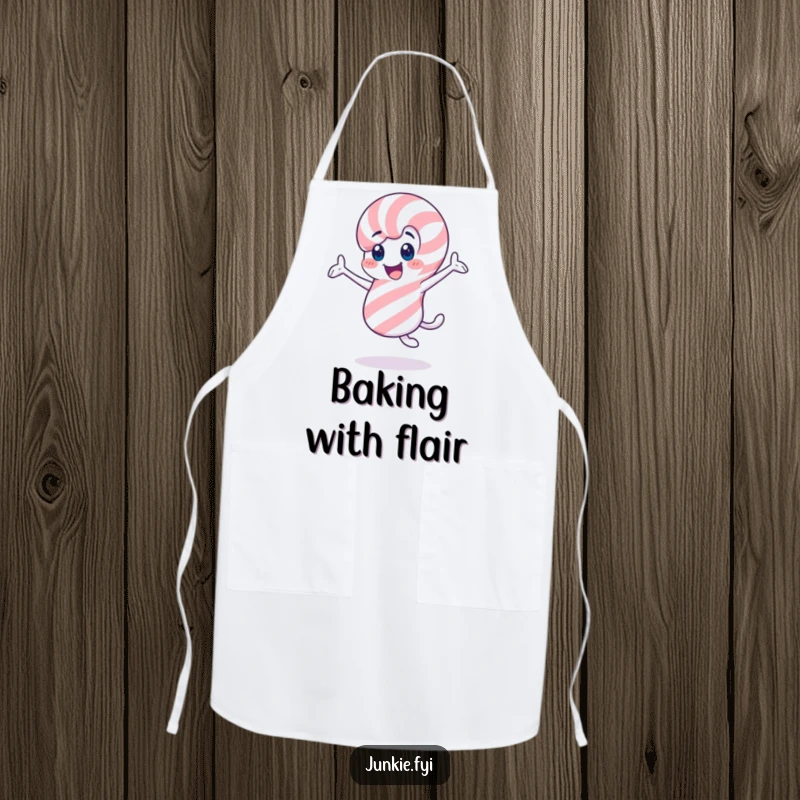 Funny candy cane apron, a cheerful character twirling enthusiastically, perfect for holiday baking fun.