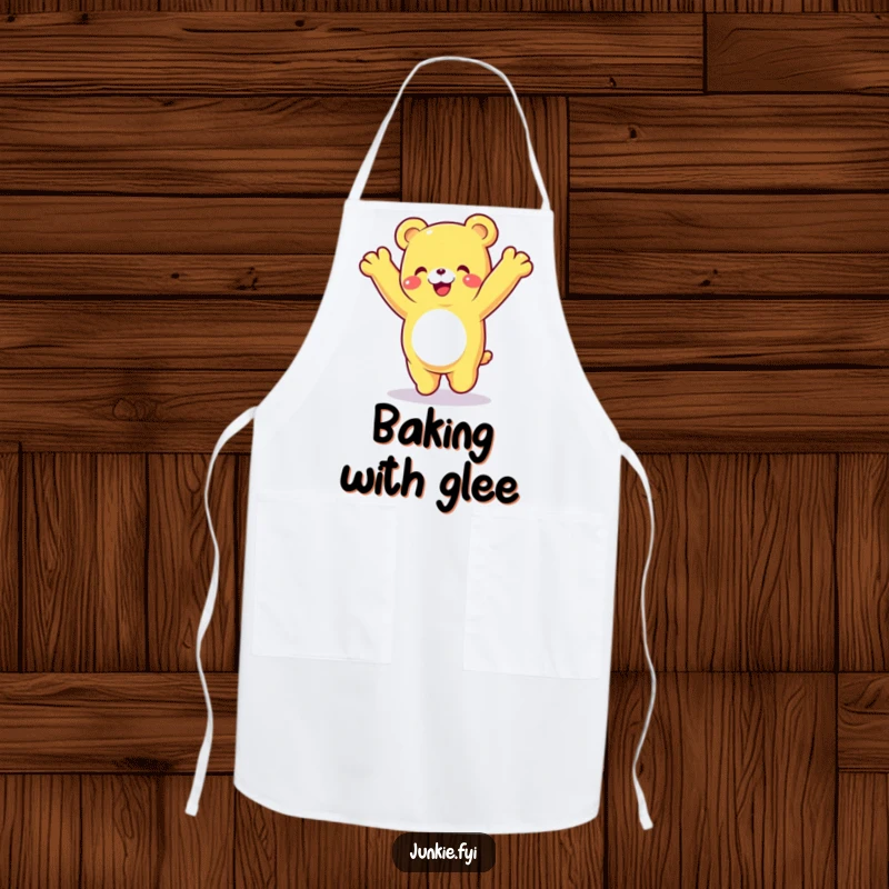 Funny gummy bear apron, a happy character doing a cartwheel with a delighted expression, perfect for kitchen fun.