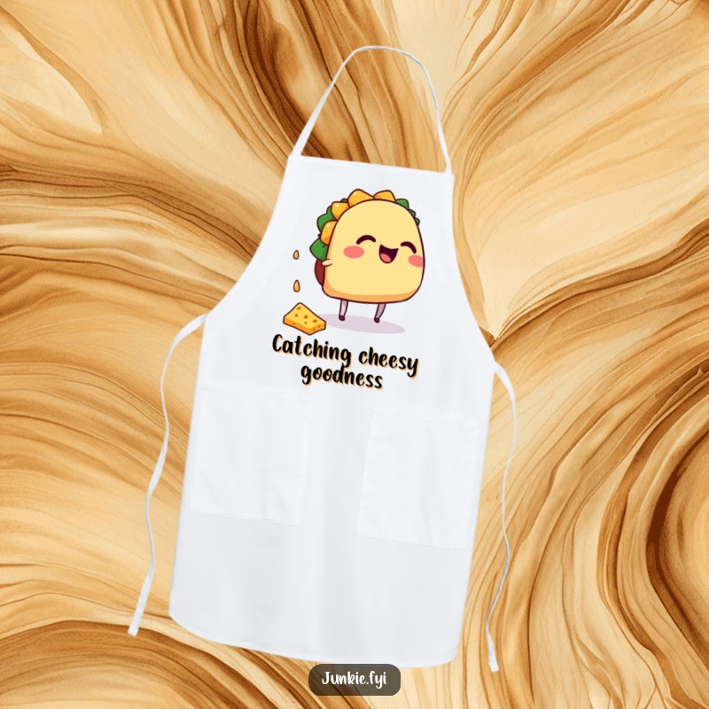 Funny giggling taco character with small legs catching falling cheese, on a chef's apron.