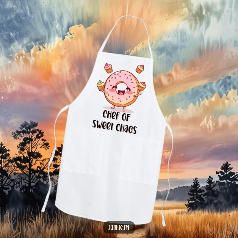 Funny donut character with sprinkles juggling three mini cupcakes on a chef's apron, perfect for cooking and baking enthusiasts.