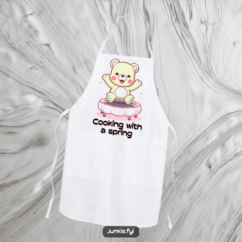 Funny apron featuring a cheerful gummy bear character bouncing on a marshmallow trampoline. Great for kitchen fun.