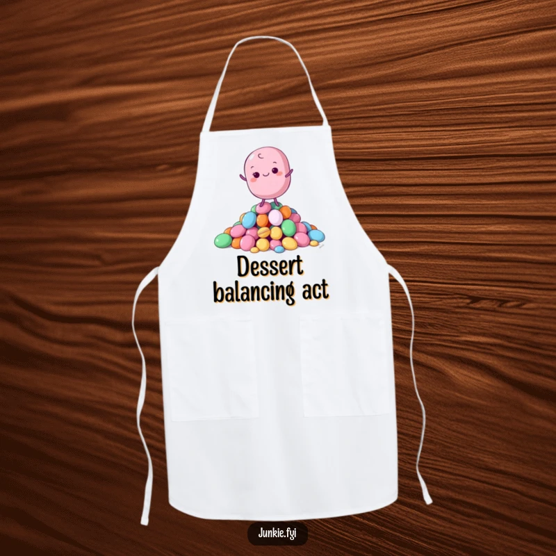 Funny Apron featuring a macaron character balancing on colorful candies, bringing sweet precision and humor to the kitchen.