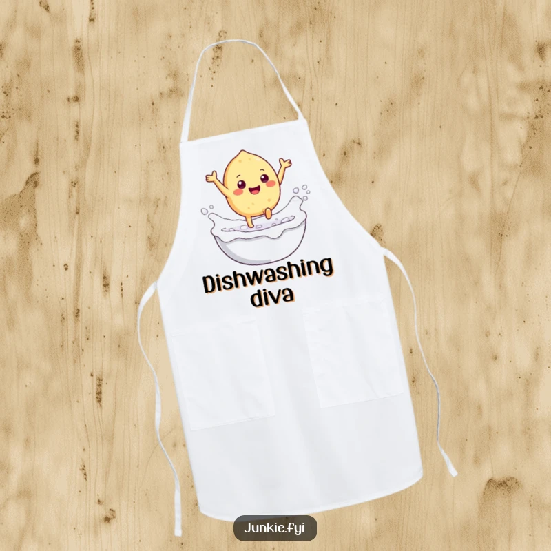 Funny apron showing a gleeful food character with tiny legs leaping into a bubbly milk bath, ready for humorous kitchen fun.