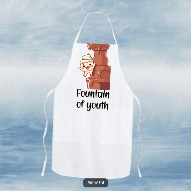 Funny apron: A joyful foodie with a wide smile dangles hilariously over a chocolate fountain, ready to whip up some sweet treats.