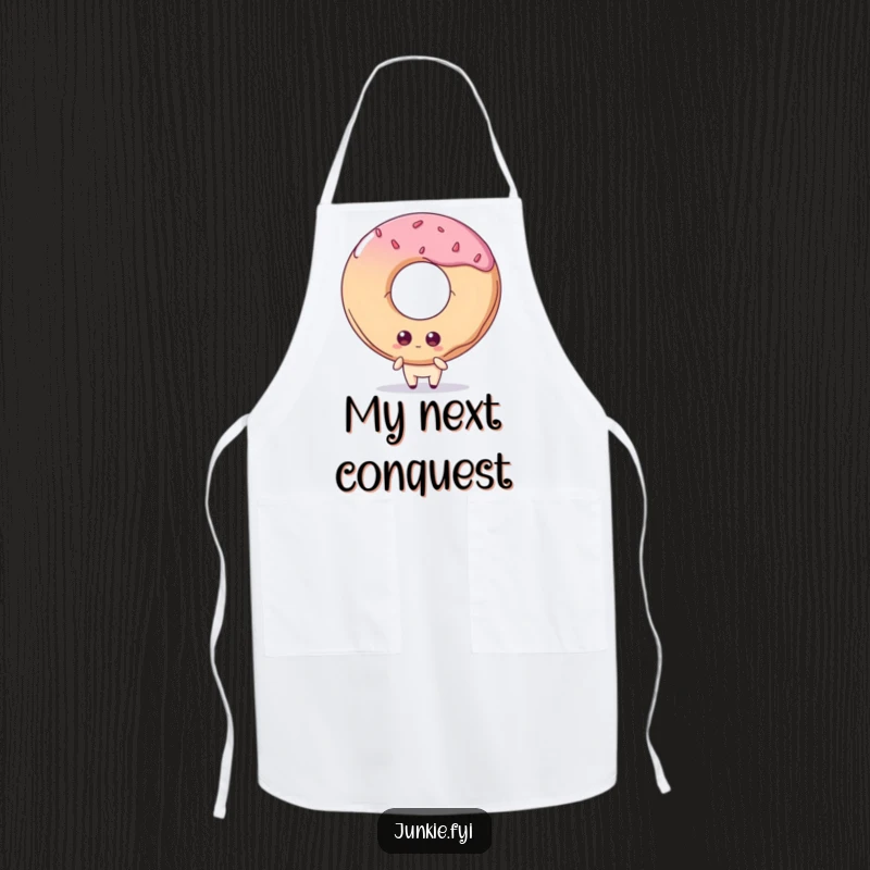 Funny apron: A quirky food character with big, longing eyes stares at a giant doughnut, ready to bake sweet treats.