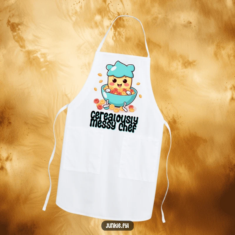 Funny Apron: A smiling food character with wiggly legs dives headfirst into a bowl of swirling breakfast cereal.