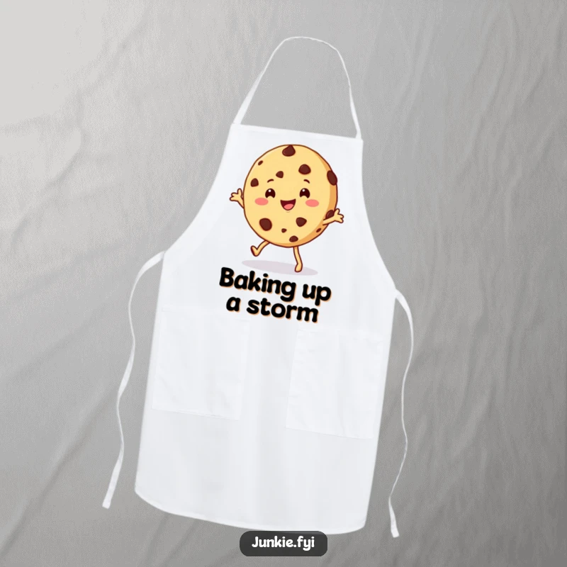 Funny cookie apron decorated with a happy chocolate chip cookie character doing a playful shimmy, adding comical sweetness to cooking.