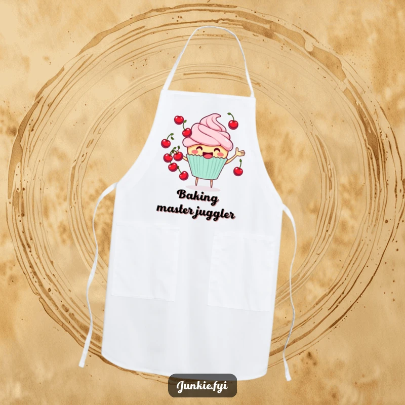 Funny cheerful cupcake apron juggling cherries, a playful and functional kitchen accessory, great for bakers.