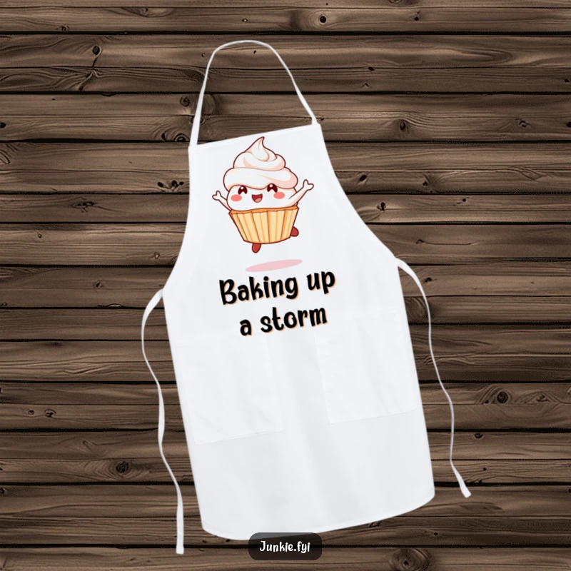 Funny cupcake apron, a delighted character mid-leap with frosting flying, perfect for delightful baking.