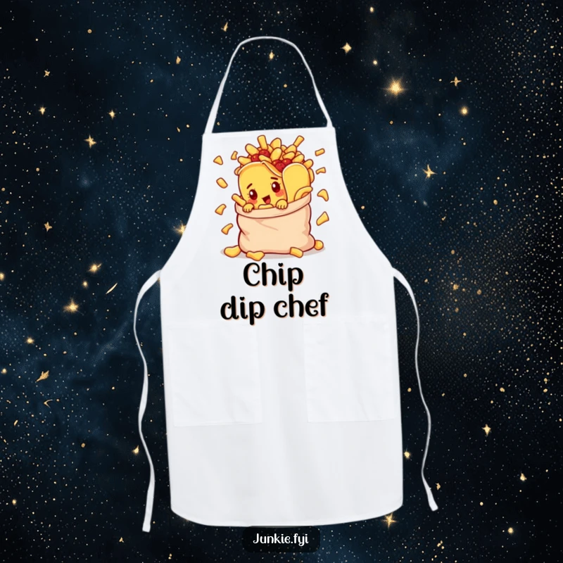 Funny apron with a curious taco character peeking from an overflowing bag of chips, ideal for kitchen fun.
