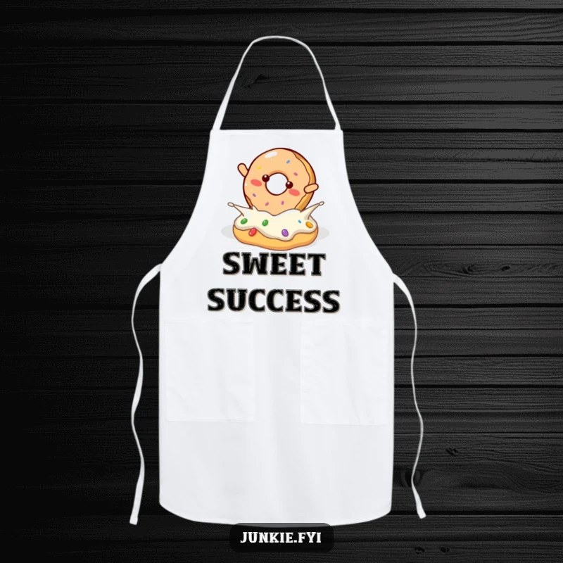 Funny cheerful donut character doing a flip into frosting, on a baking apron.