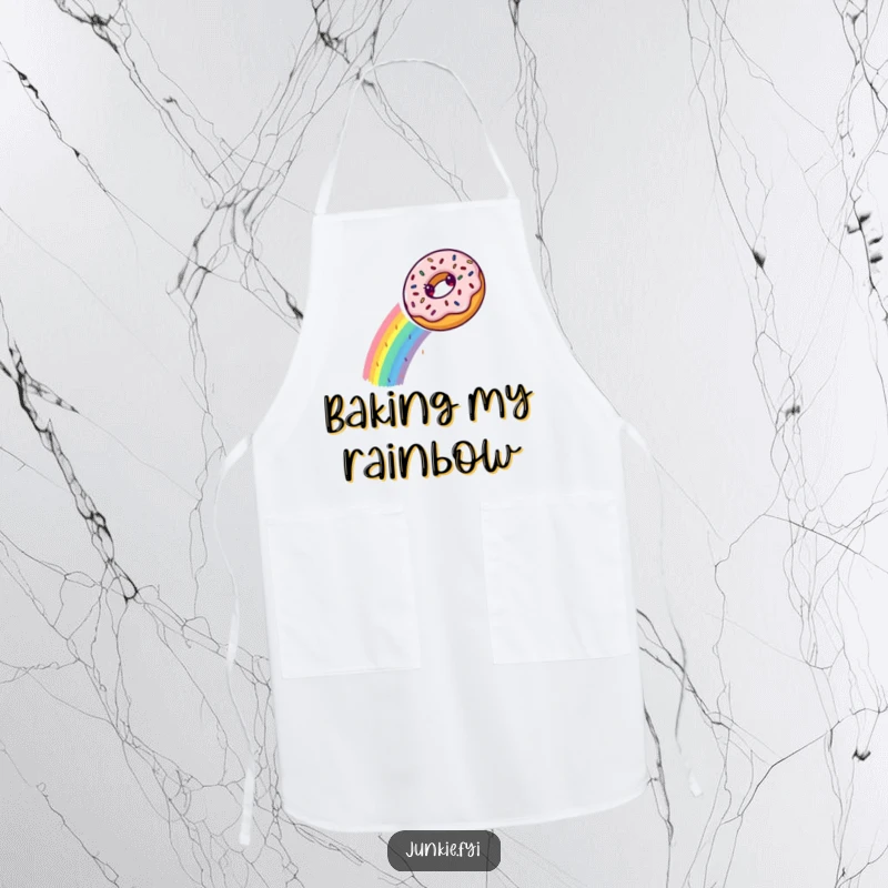 A donut slides down a sprinkle rainbow on this funny apron, perfect for sweet baking sessions.