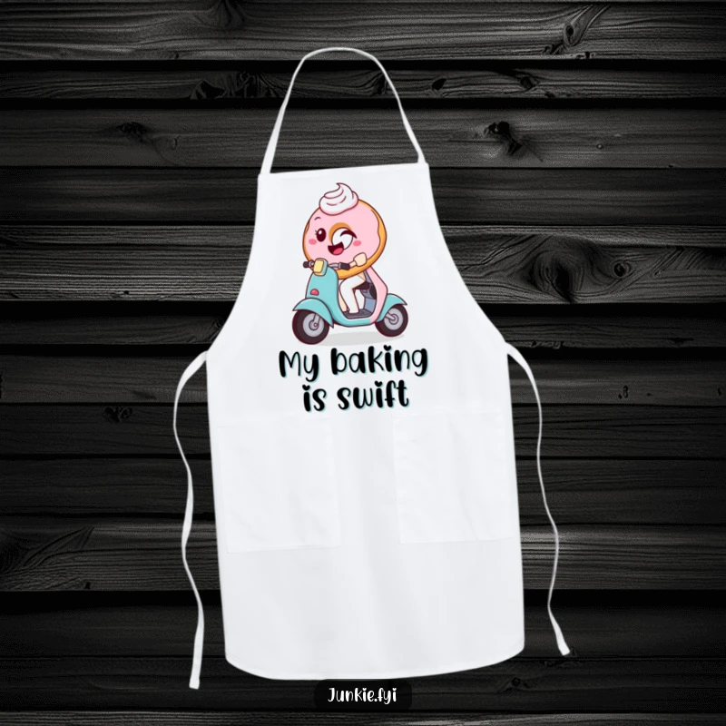 Funny Apron featuring a playful donut with frosting winking while riding a tiny scooter, perfect for a fun baking experience.