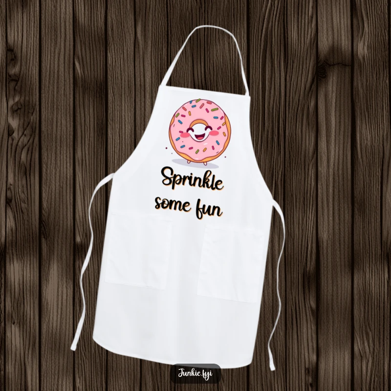 Funny donut apron, sprinkles raining down, chef character performing a happy wiggle, a sweet and functional kitchen accessory.