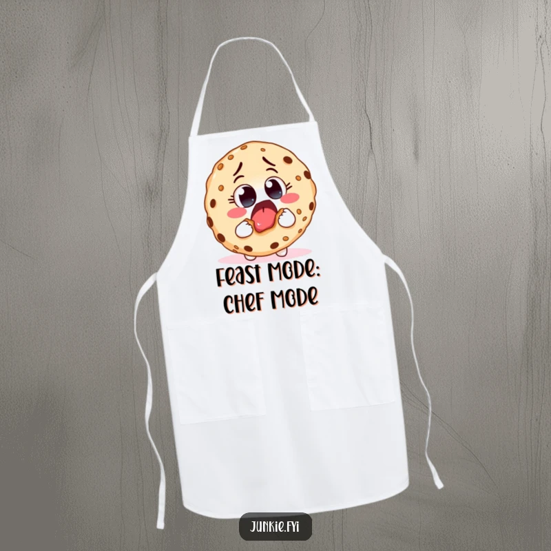 Funny apron featuring an excited food character with eager eyes taking a huge bite from a giant cookie, a humorous and culinary accessory.