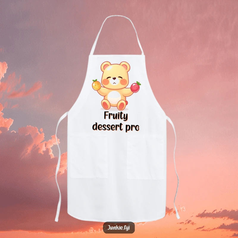 A gummy bear winks and juggles fruits on this funny apron, perfect for sweet kitchen fun.