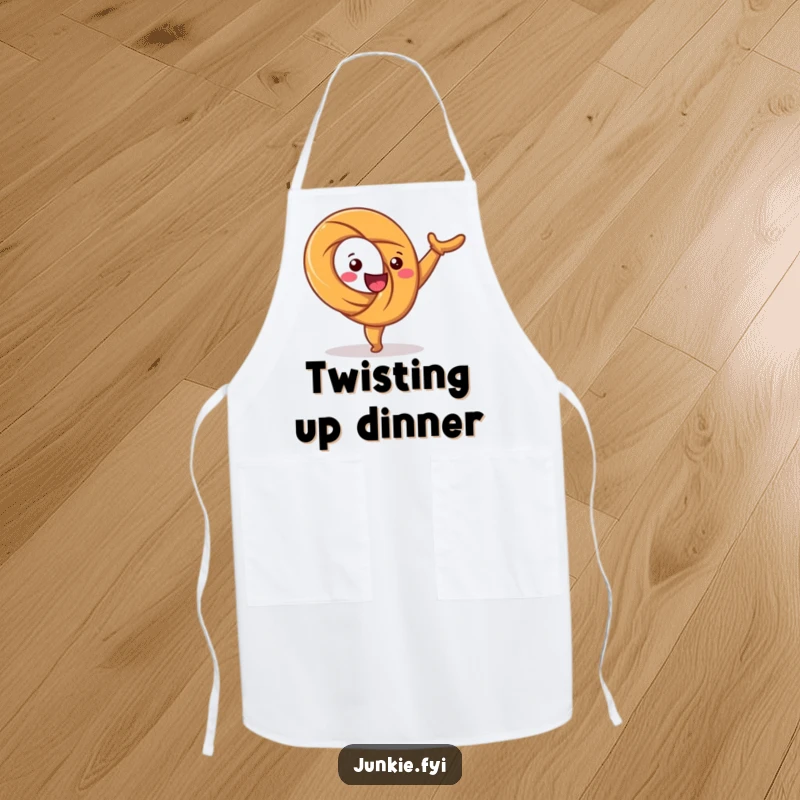 Funny apron designed with a happy pretzel character twisting joyfully in a cartwheel. Ideal for fun and mess in the kitchen.