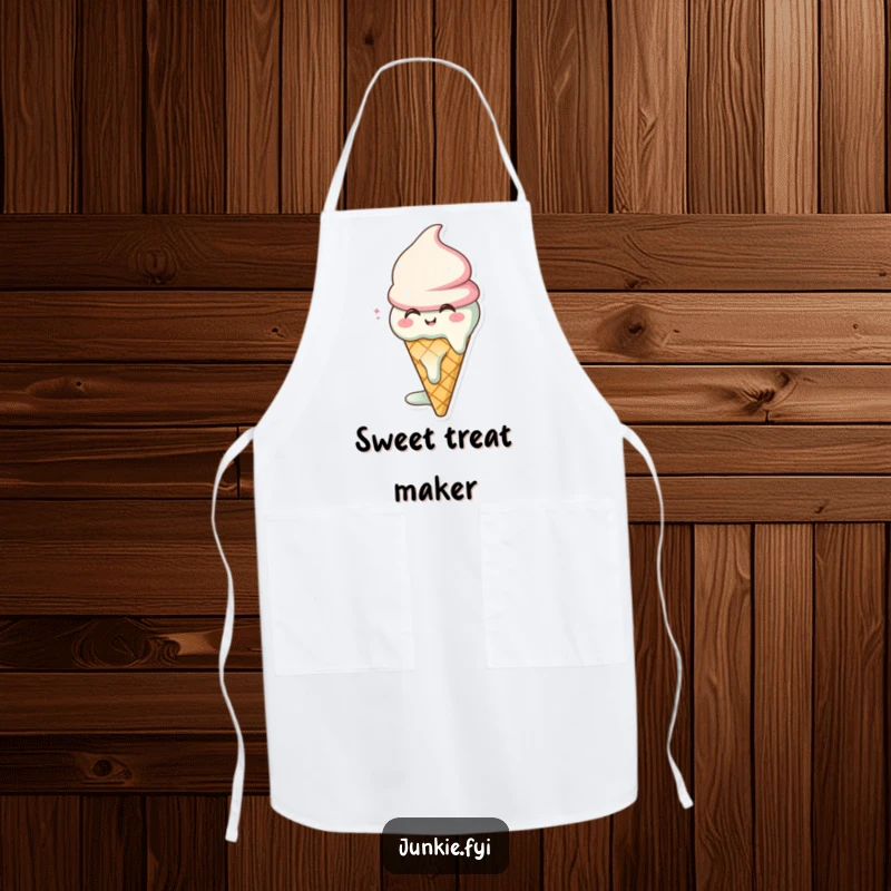 Funny ice cream cone apron character, melting happily, a sweet and humorous kitchen essential.