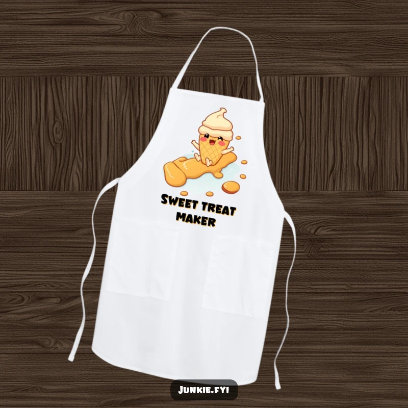 Funny ice cream cone character gleefully sliding down a caramel river, perfect for a humorous kitchen apron.