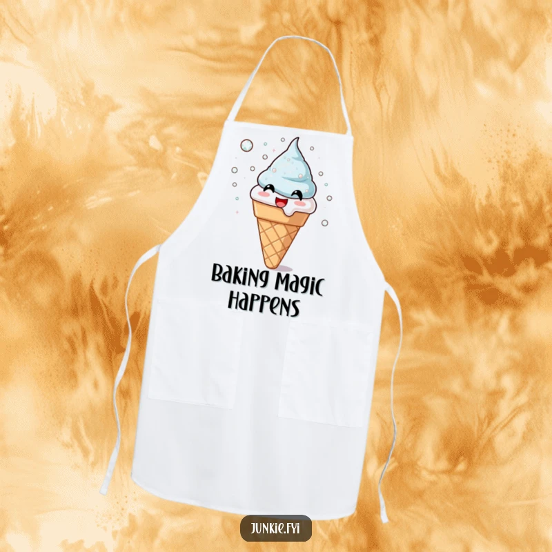 Funny apron depicting a joyful ice cream cone throwing shimmering sugar crystals. A sweet and practical kitchen accessory, perfect funny gift.