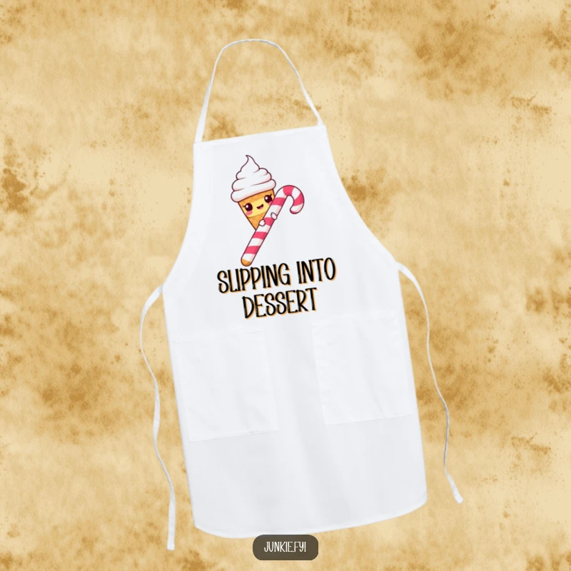 Funny Apron: Mischievous ice cream cone slides down a candy cane, a humorous and practical kitchen accessory for messy chefs.