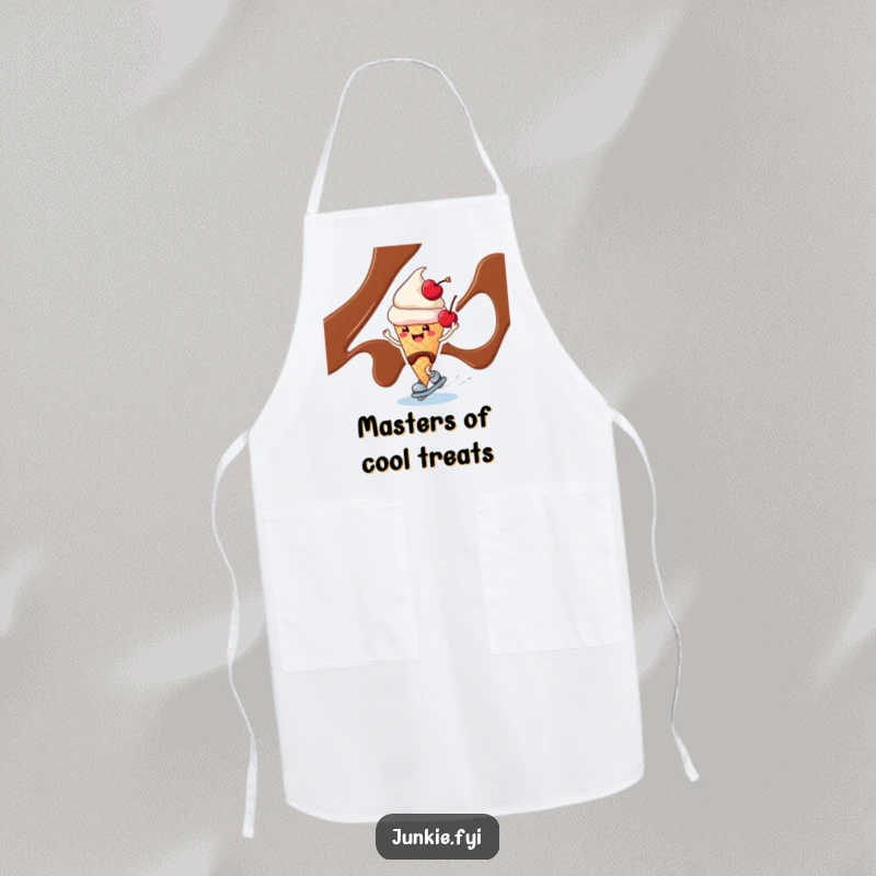 Funny ice cream cone character with a cherry, skating on chocolate syrup on a chef's apron, ideal for cooking.