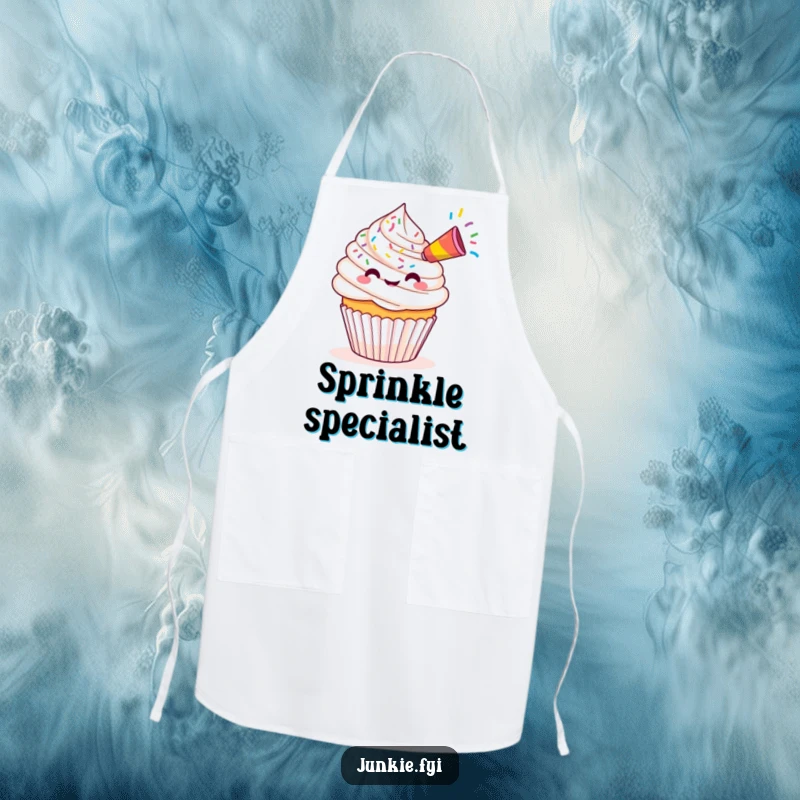 Funny Kawaii cupcake with a party horn releasing colorful sprinkles, practical and funny apron for cooking.