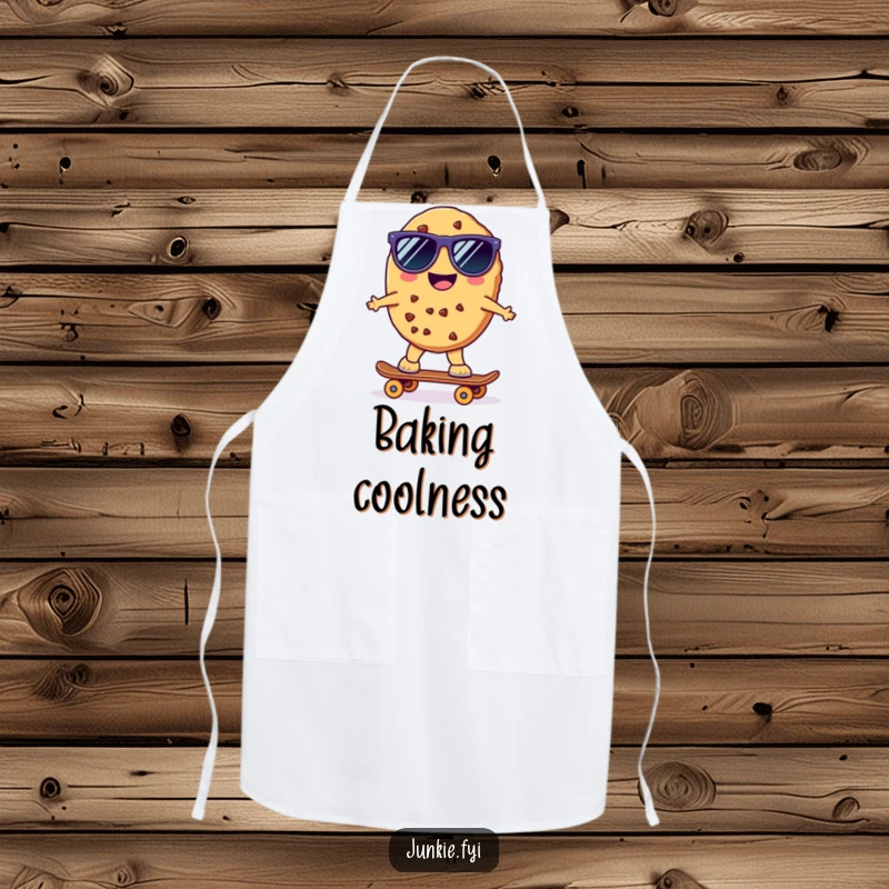 Funny Kawaii Skater Cookie Apron: A cheerful anthropomorphic cookie wearing sunglasses rides a tiny skateboard, making this a fun and functional kitchen item.