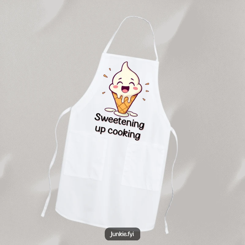 Funny Apron with a melting ice cream cone character radiating happy glee, perfect for kitchen fun and mess protection.