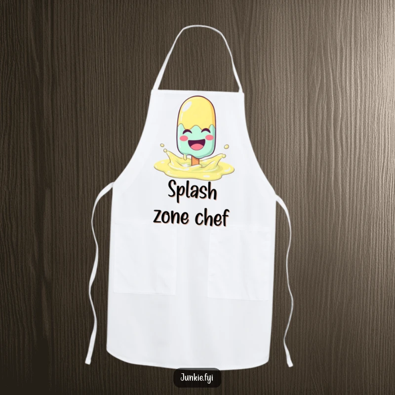 Funny popsicle character melting with joy, splashing in a lemonade puddle on a chef's apron, ideal for cooking.