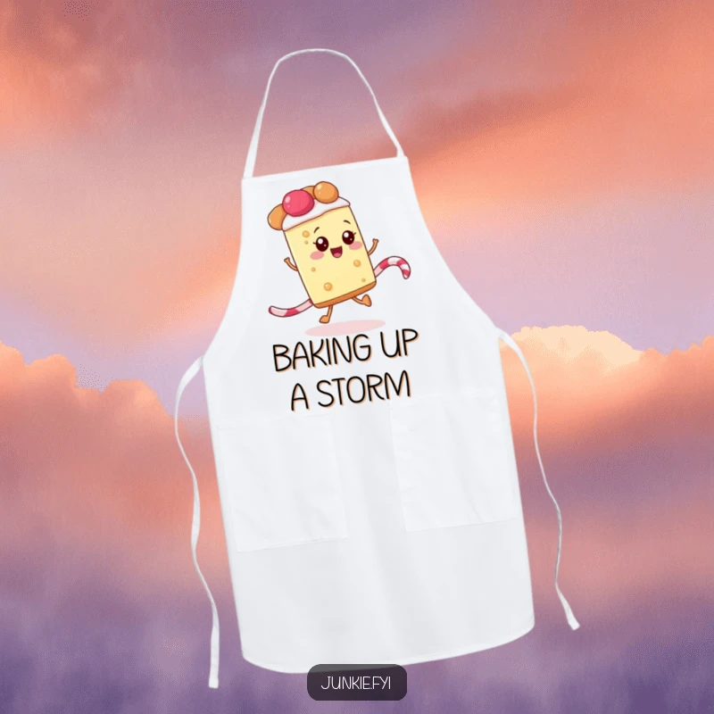Funny apron with a happy slice of pie skipping along a licorice rope, adding a sweet, humorous touch to cooking.