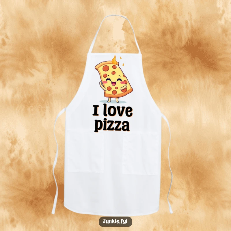 Funny Apron: A delighted food character with tiny arms embraces a large, steaming pizza slice with pure joy.