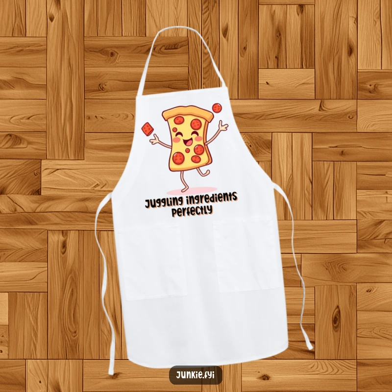 Funny Apron featuring a cheerful pizza slice with legs gleefully juggling pepperonis, perfect for a fun cooking session.