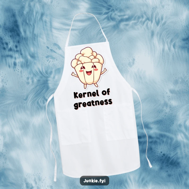 Funny popcorn apron decorated with a joyful kernel character energetically popping with a wide smile, adding comical fun to cooking.