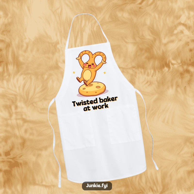 Funny Apron showcasing an energetic pretzel character performing a cartwheel on a cheese cushion, ideal for a playful cook.