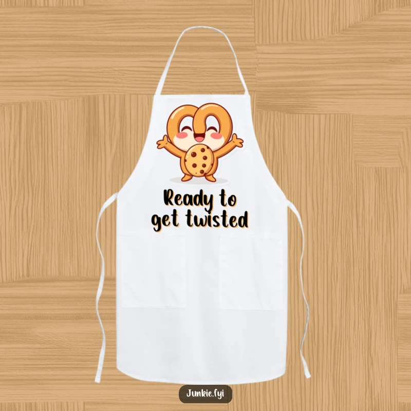 Funny pretzel character in an apron, happily devouring a cookie, designed for kitchen fun and humor.