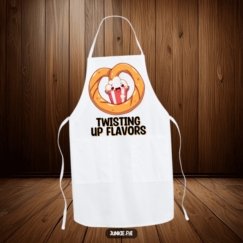Funny apron showing a joyful pretzel twisting with happiness around a popcorn kernel, perfect for fun cooking and baking.