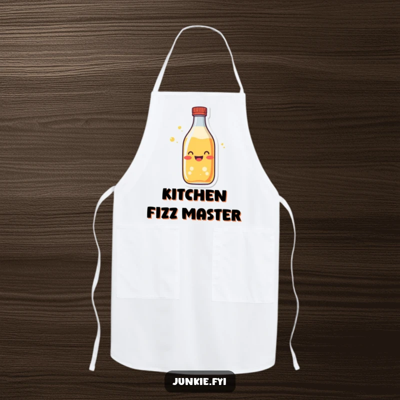 Funny soda bottle apron character, fizzing with excitement, a humorous and practical kitchen accessory.