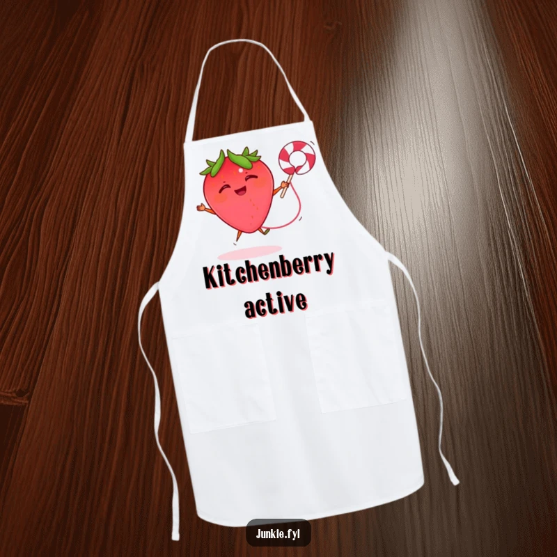 Funny apron with a giggling strawberry jumping rope with a licorice string, adding an energetic, humorous touch to cooking.