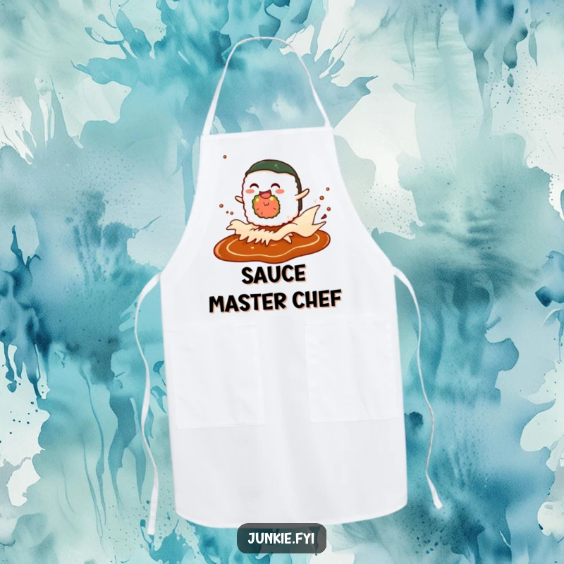 Funny apron with a giggling sushi roll character riding a soy sauce wave, ideal for kitchen fun and culinary adventures.