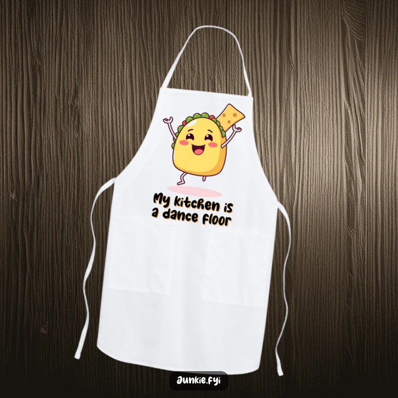 Funny Apron showing a happy taco character with legs doing a delighted dance with a chip, ideal for a joyful cooking experience.
