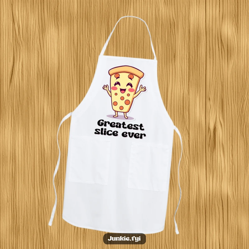Funny pizza slice apron character, doing jazz hands with delight, a humorous and practical kitchen accessory.