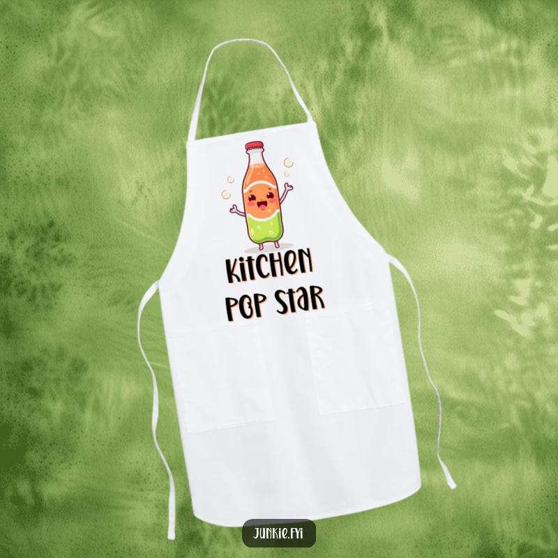 Funny Kawaii soda bottle dancing with escaping bubbles, practical and funny apron for culinary fun.