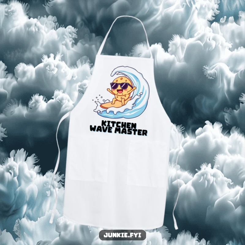 Funny Kawaii cookie with sunglasses, surfing a giant milk wave, perfect for a stylish and funny apron.