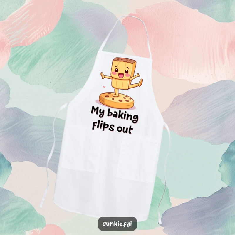 Funny Apron featuring a delighted candy bar performing gymnastics on a cookie, perfect for a fun baking experience.