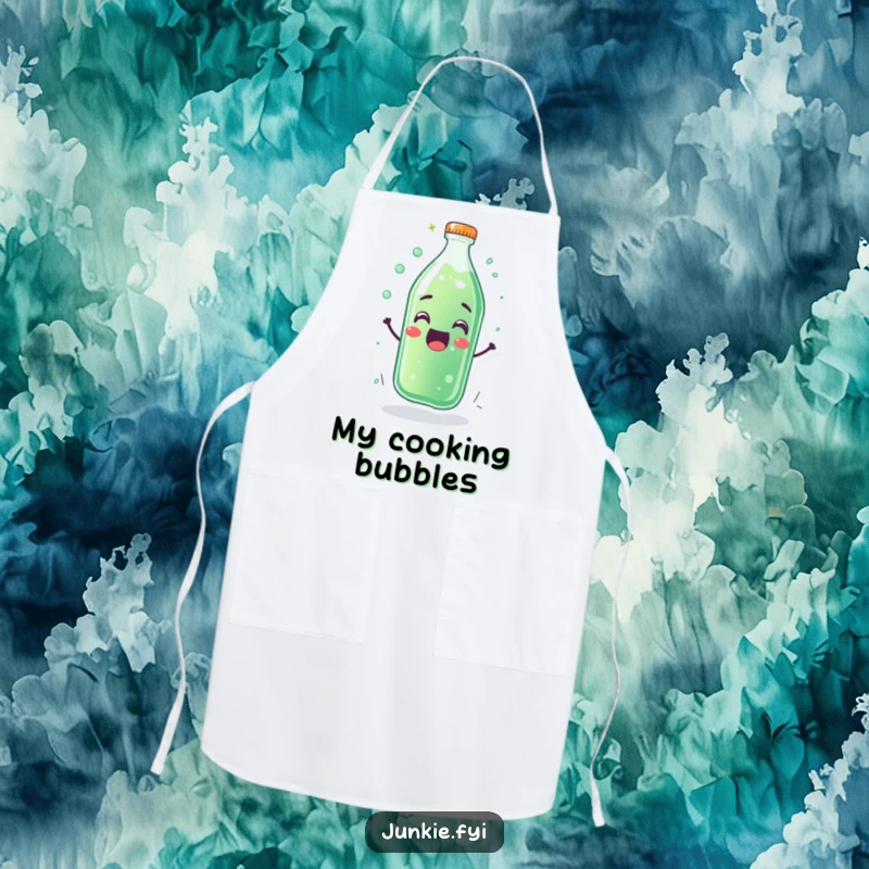 Funny apron featuring a thrilled soda bottle character fizzing with overflowing happiness. Great for kitchen fun.