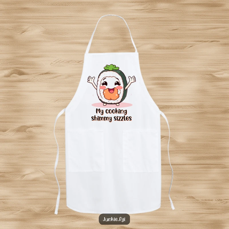 Funny Apron featuring a smiling sushi roll with arms doing a joyful shimmy, perfect for a fun cooking experience.
